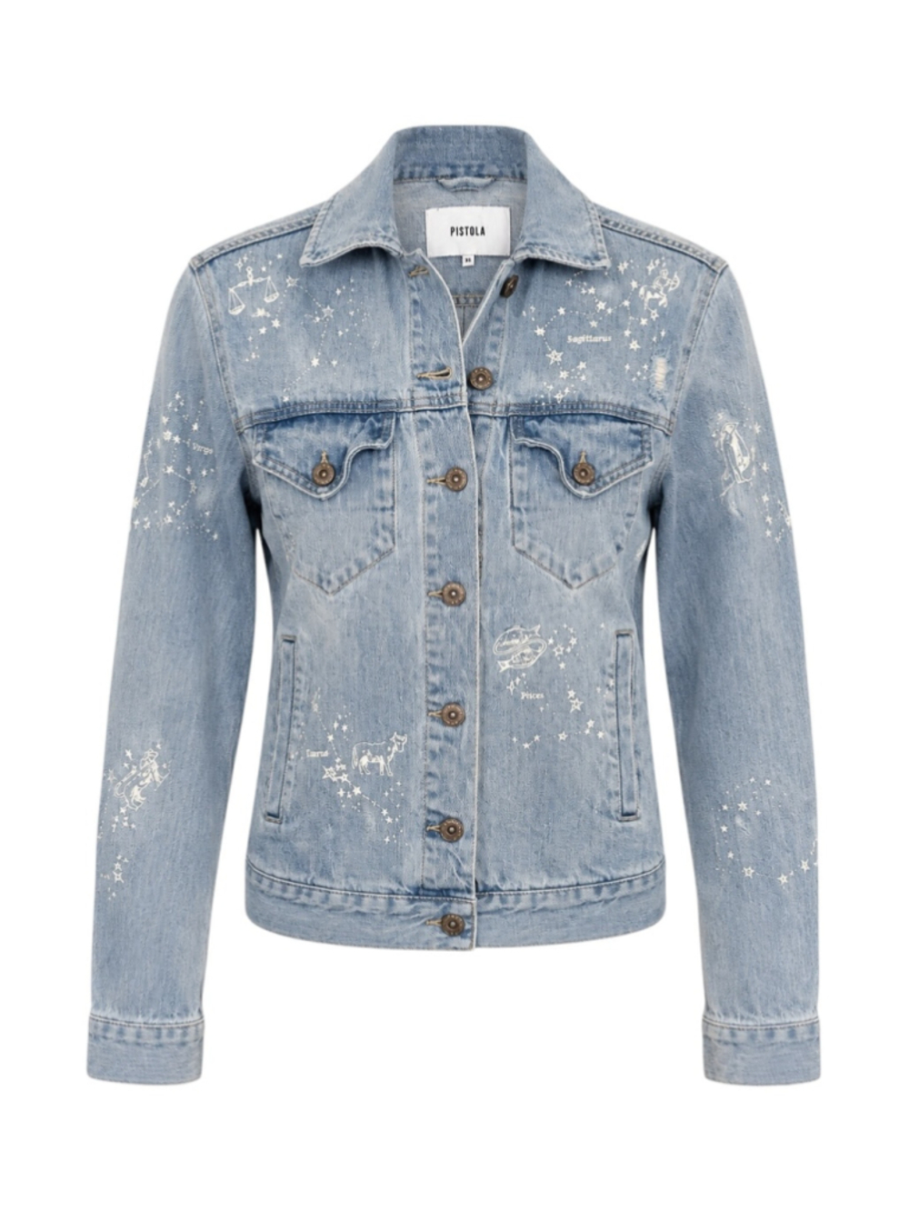 Pistola Zodiac Print Denim Jacket Women’s XS Astrology Light Wash Jean Jacket